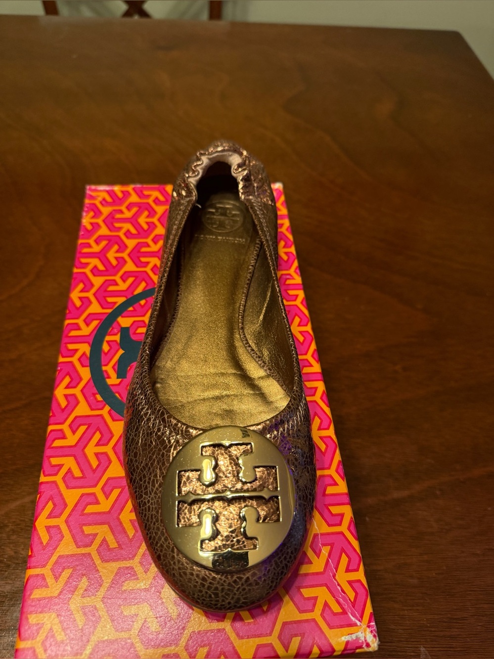 Tory Burch Leather Ballet Flat in Metallic Brown with Logo Medallion